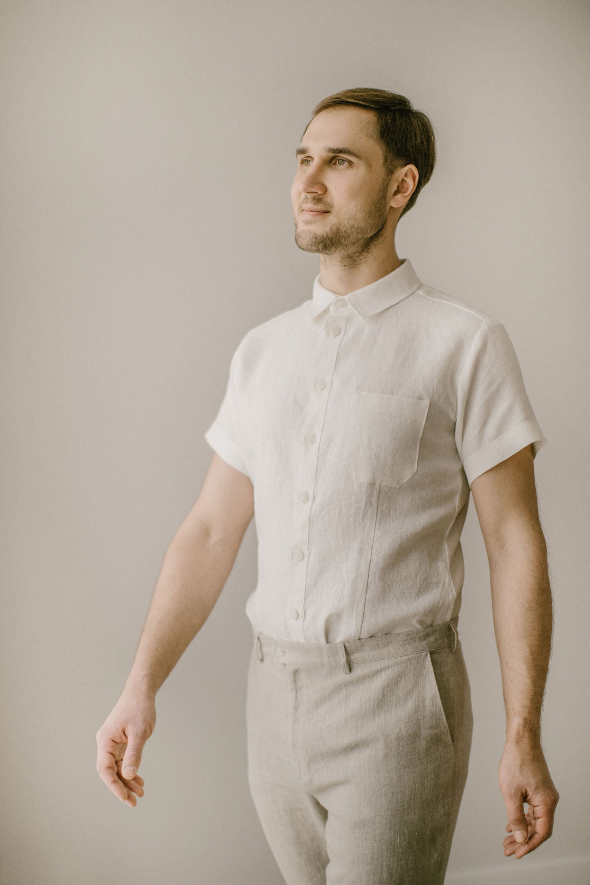 linen dress shirts wedding Men's Linen Beach Wedding Shirt Long Sleeve Stone Buttons White / 2X