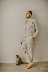 Full Linen Wedding Set Of 5 (Trousers, Shirt, Waistcoat, Jacket, Necktie)