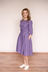 Linen retro dress with 3/4 sleeves