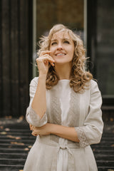 Linen wedding dress coat with lace