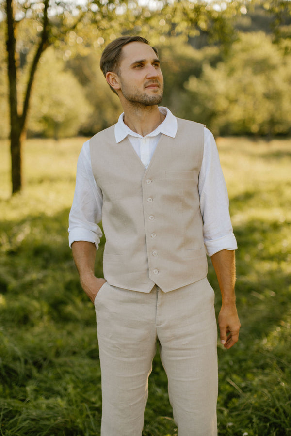 Linen Trousers, Shirt, Waistcoat Set (Set Of 3)