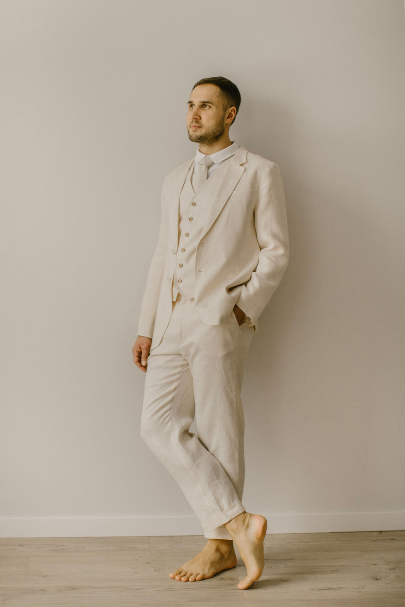 Full Linen Wedding Set Of (Trousers, Shirt, Waistcoat, Jacket