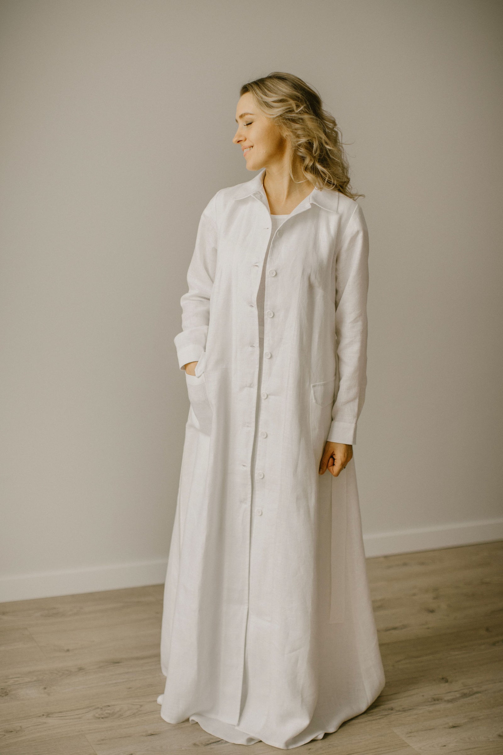 Long Linen Wedding Coat Dress. Handcrafted by Linen Wedding Dress Team