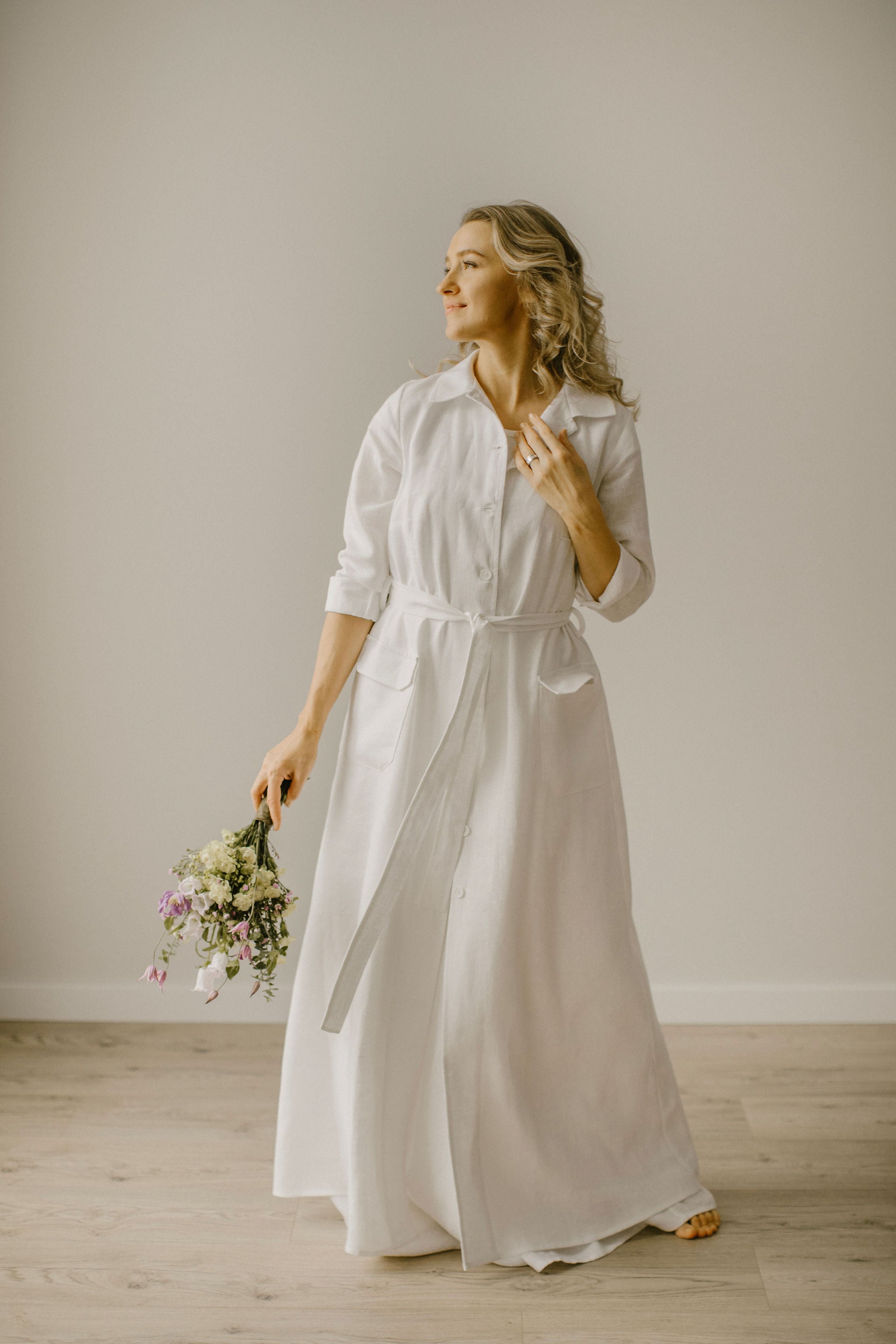 Long Linen Wedding Coat Dress. Handcrafted by Linen Wedding Dress Team.