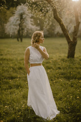 Linen Bridal Crop Top And Skirt Set.