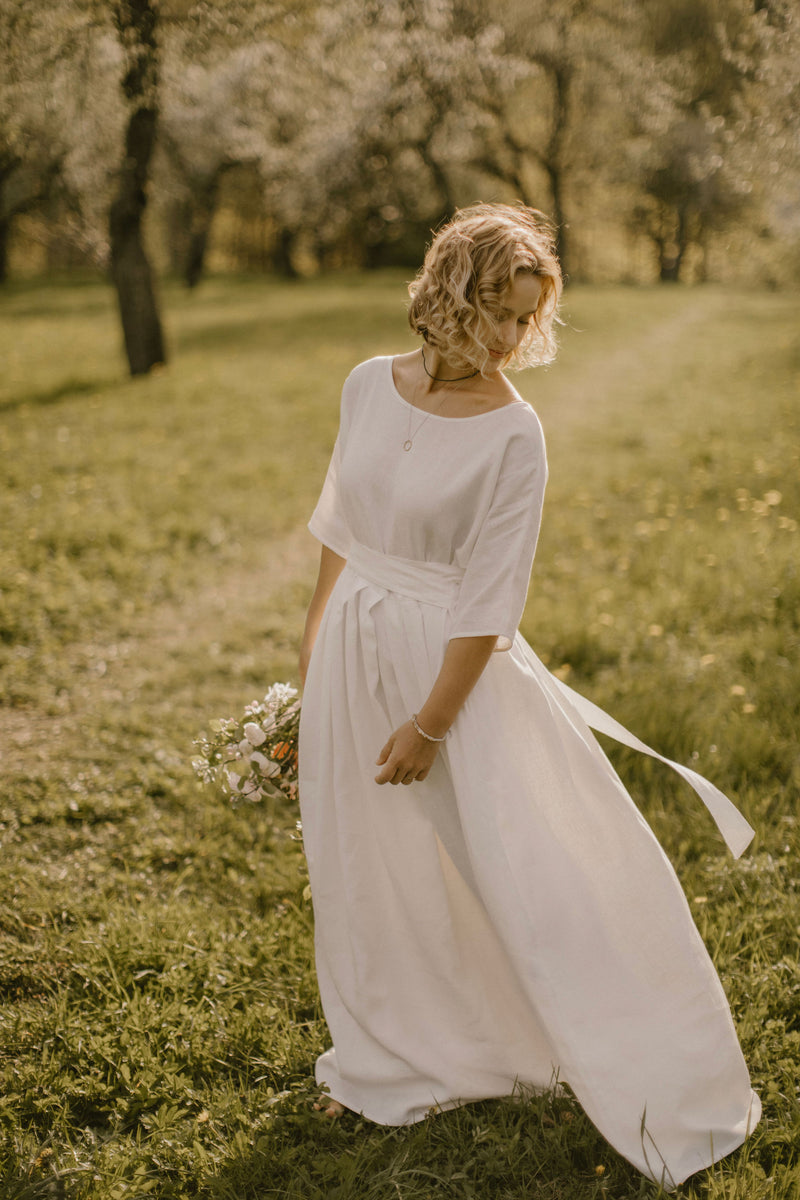 white linen boho dress White boho wedding dress Embroidered linen resort clothing XL / Midi