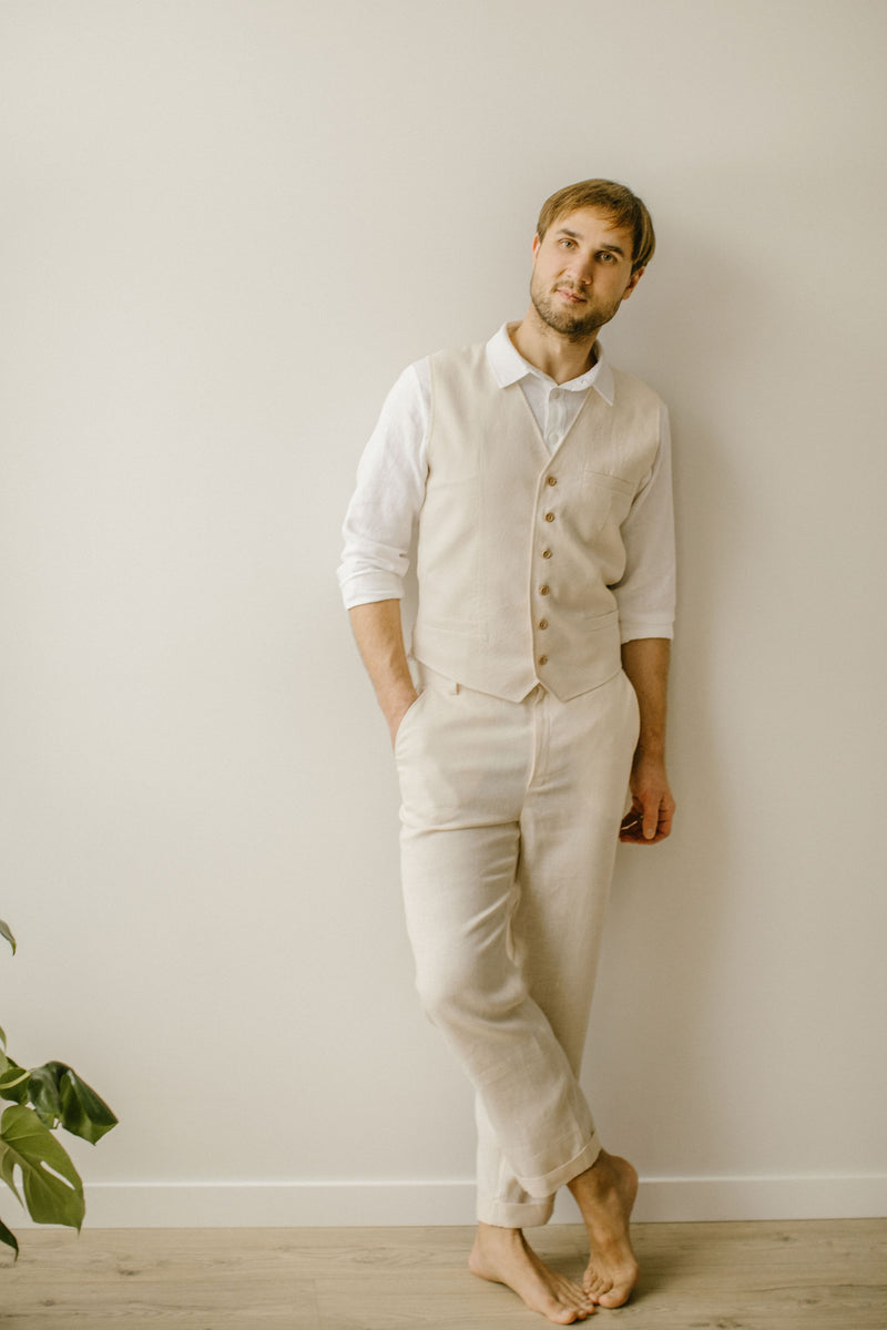 Linen Trousers, Shirt, Waistcoat Set (Set Of 3)