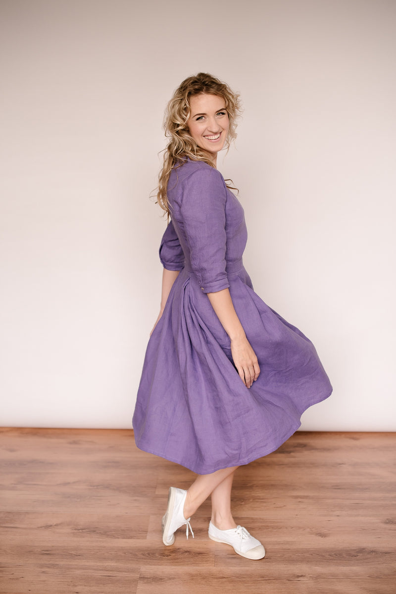 Linen retro dress with 3/4 sleeves