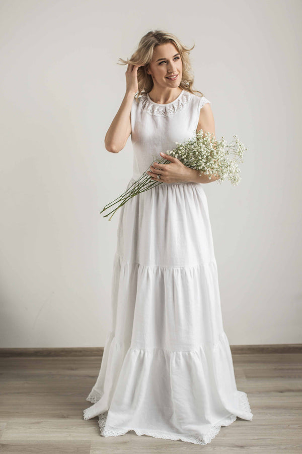 Linen boho lace wedding dress