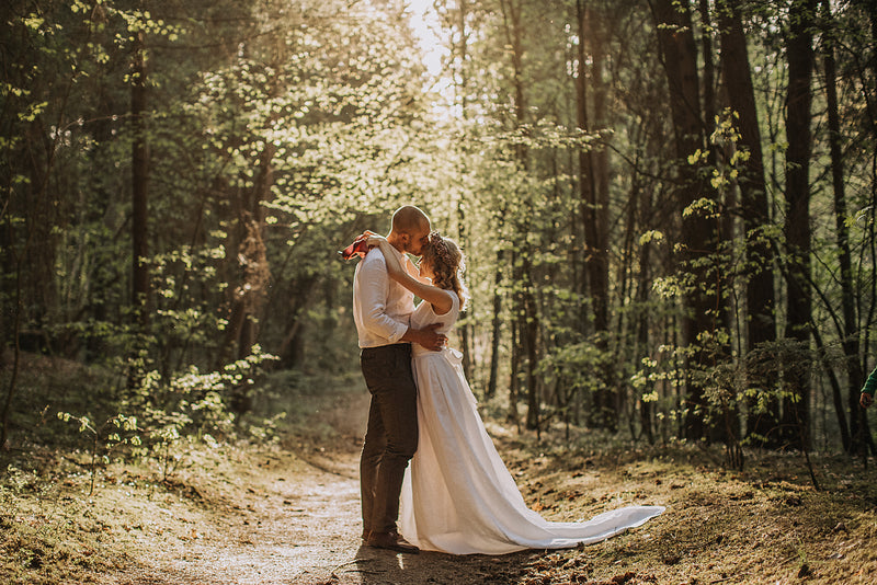 Linen wedding dress with a train