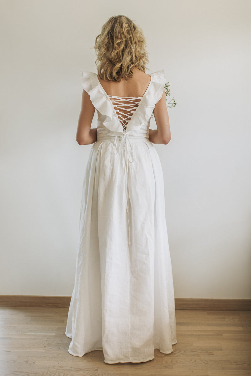 Linen v back wedding dress