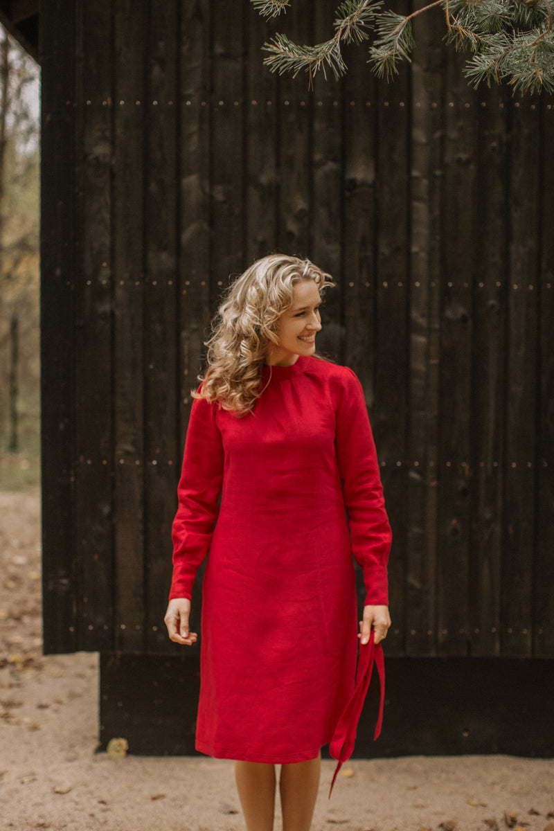 Mock neck linen dress