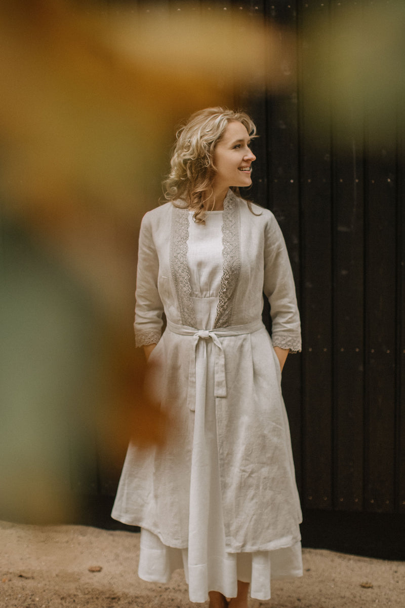 Linen wedding dress coat with lace