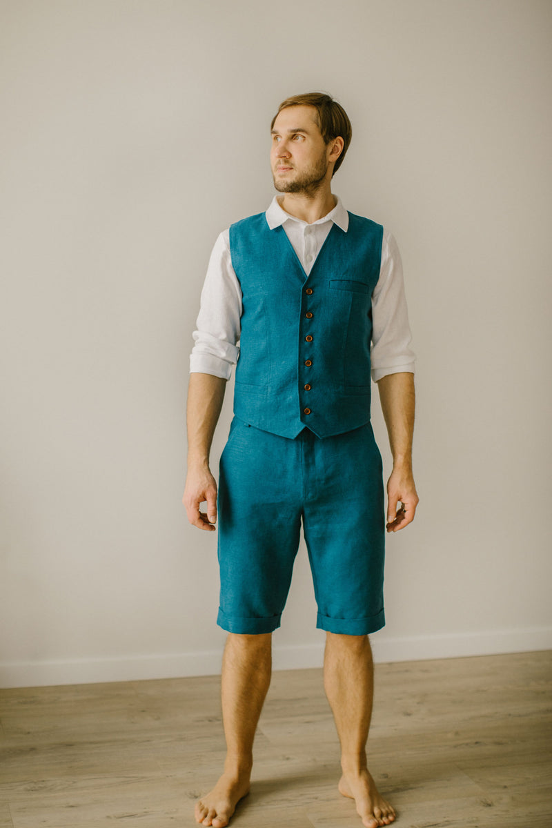 Linen Shorts Waistcoat Set For Men