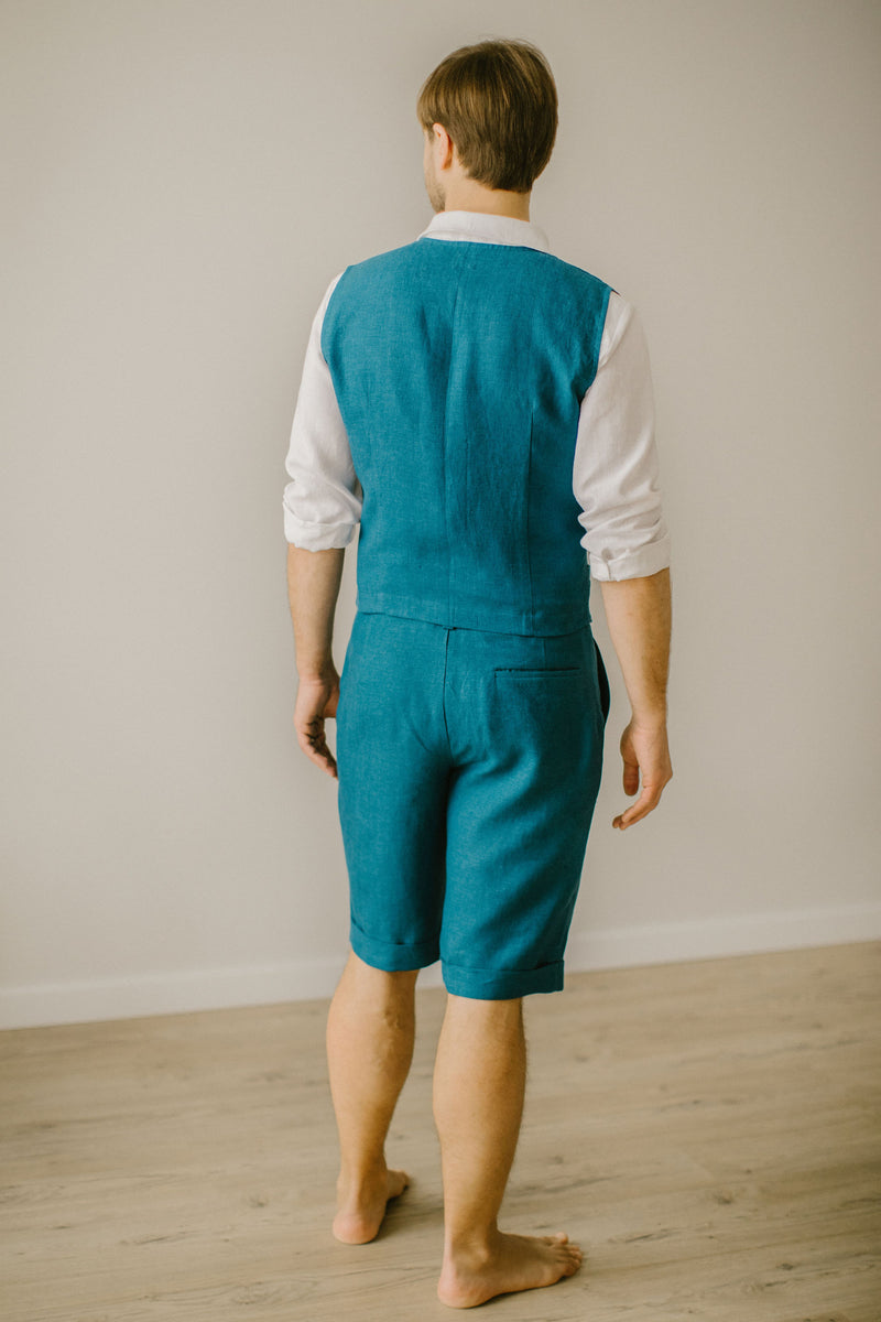 Linen Shorts Waistcoat Set For Men