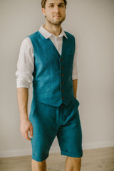 Linen Shorts Waistcoat Set For Men