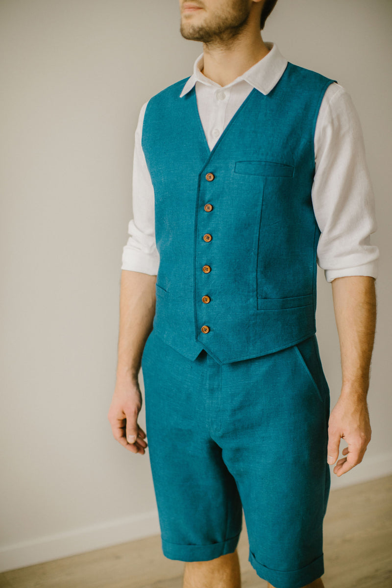 Linen Shorts Waistcoat Set For Men