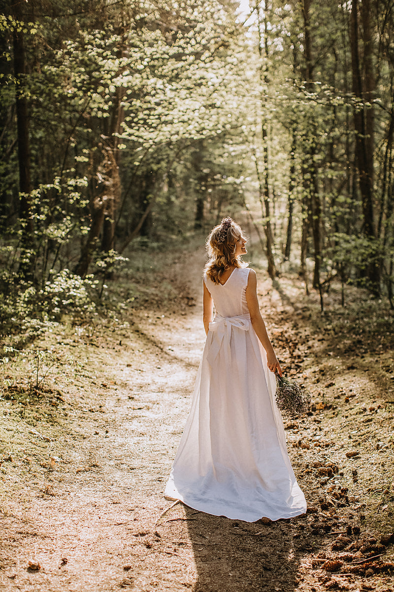 Linen wedding dress with a train