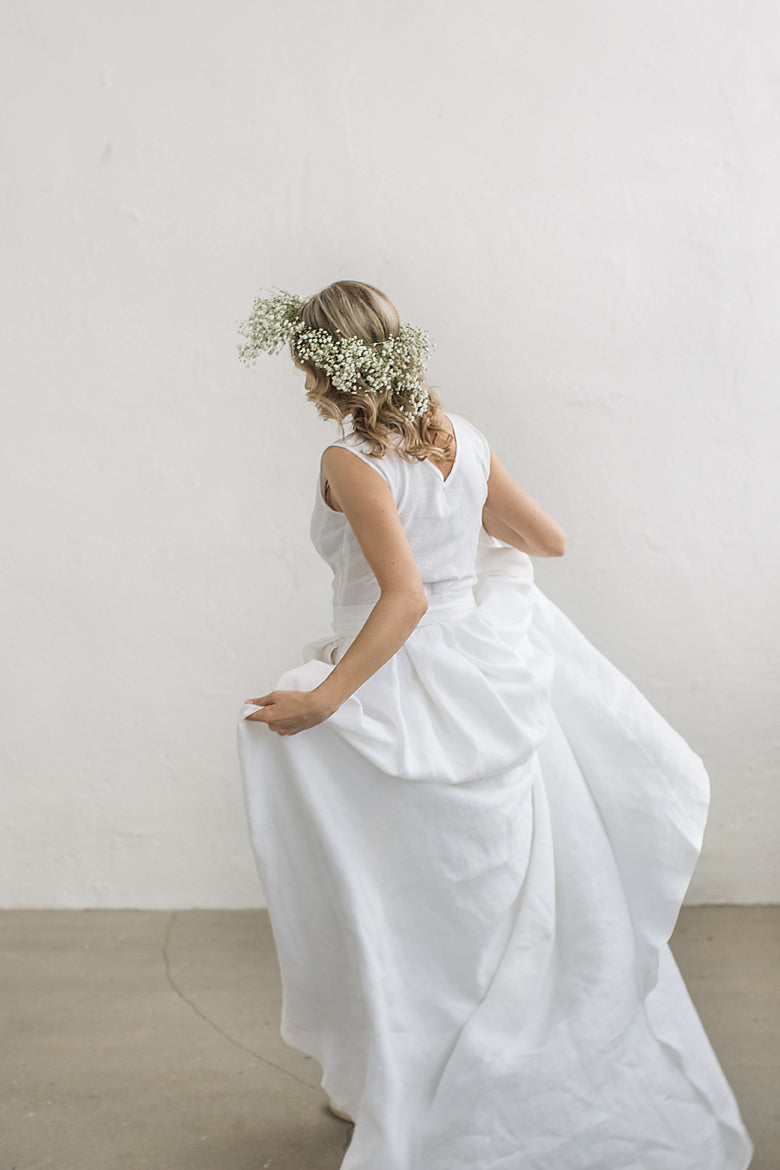 Linen wedding dress with a train