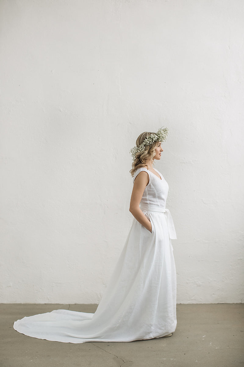 Linen wedding dress with a train