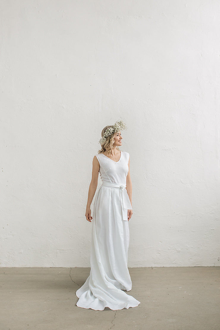 Linen wedding dress with a train