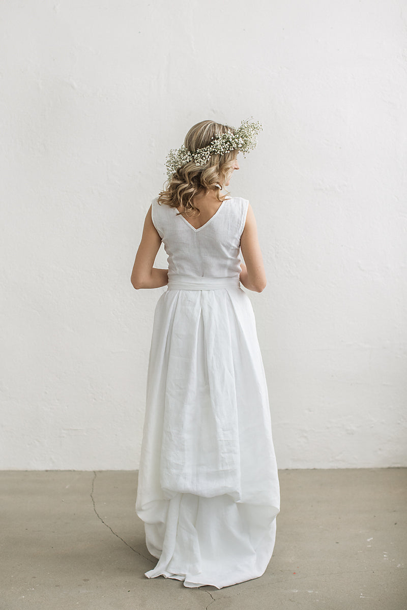 Linen wedding dress with a train