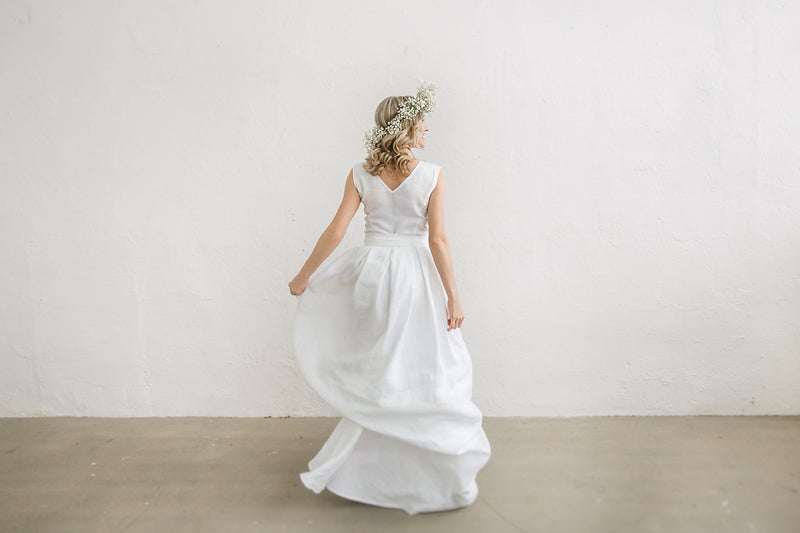 Linen wedding dress with a train